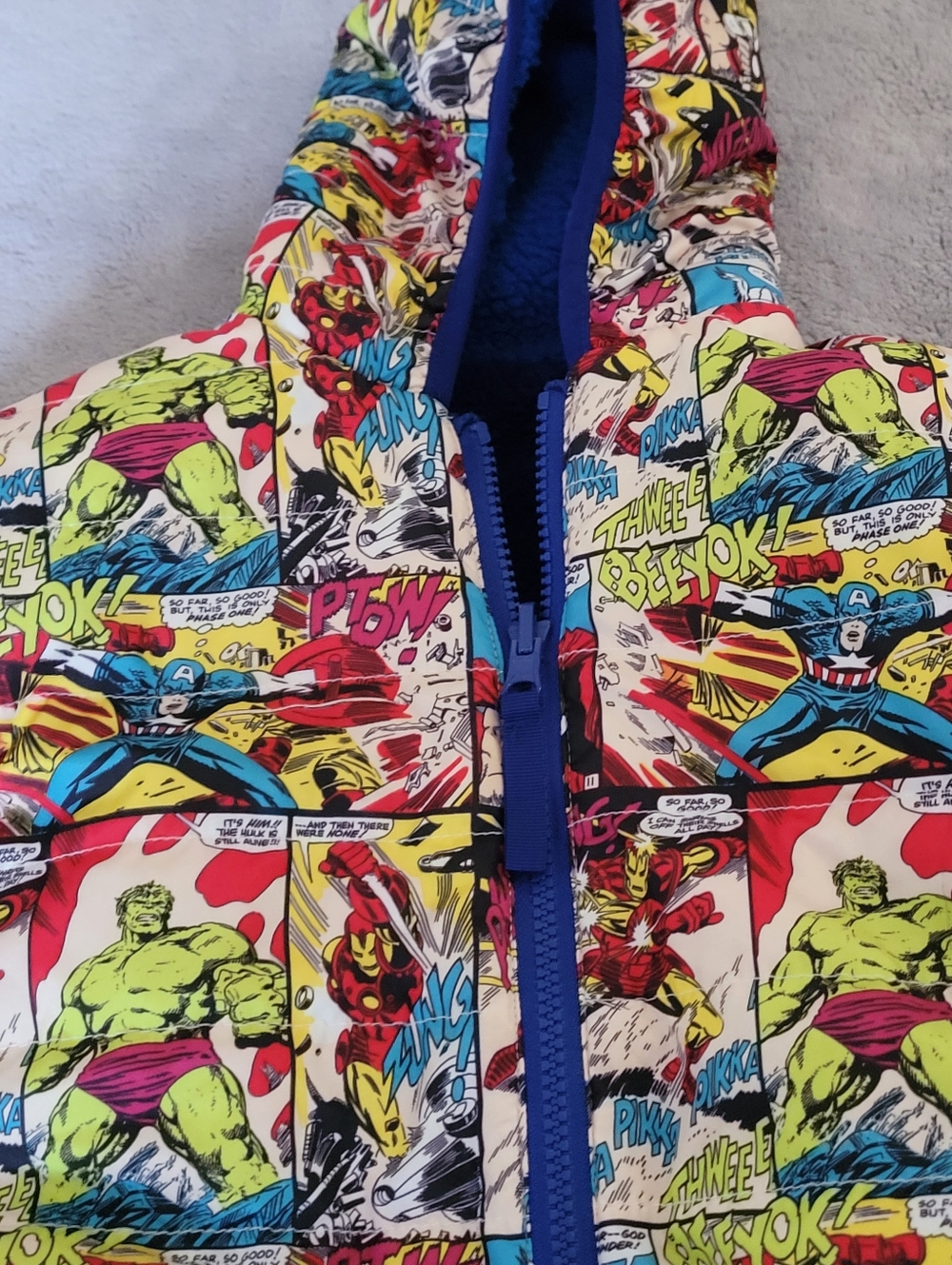 Marvel Toddler Reversible Hooded Jacket 3T EUC Super Heros Blue Pockets Zipper